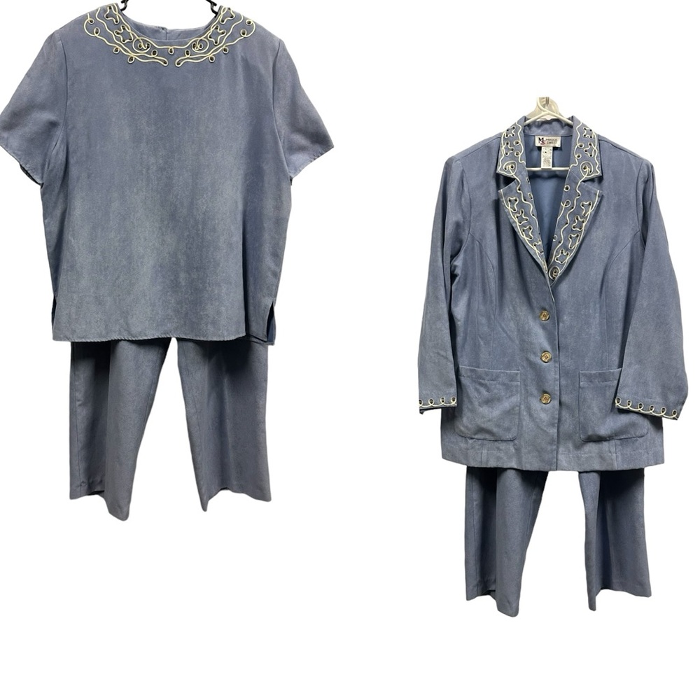 3 Piece Set Maggie Sweet Blue Sueded Pantsuit Pant Top and Blazer Womens 1X - Picture 2 of 16